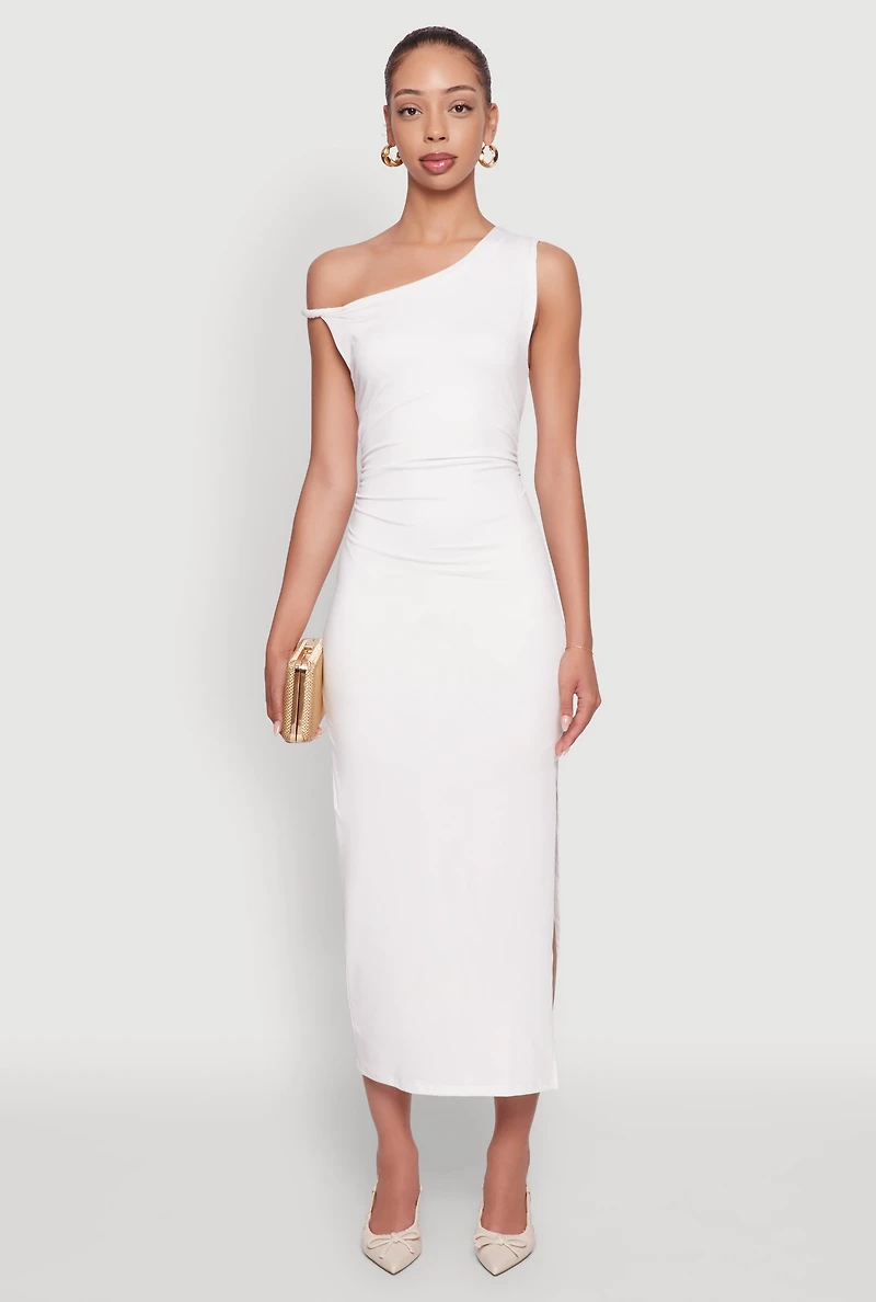 Womens Asymmetrical Neckline Ruched Bodycon Dress with Side Slit, White, Size S