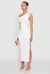 Womens Asymmetrical Neckline Ruched Bodycon Dress with Side Slit, White, Size M