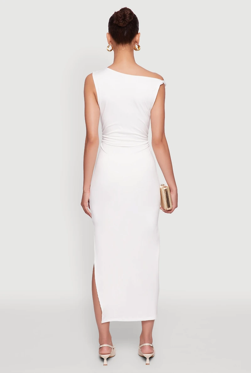 Asymmetrical Neckline Ruched Bodycon Dress with Side Slit
