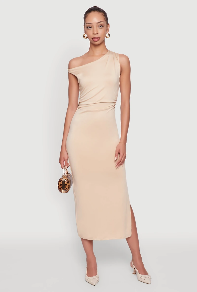 Womens Asymmetrical Neckline Ruched Bodycon Dress with Side Slit,