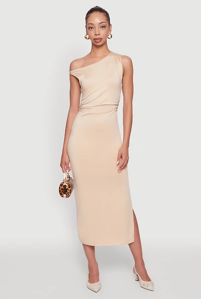 Womens Asymmetrical Neckline Ruched Bodycon Dress with Side Slit,