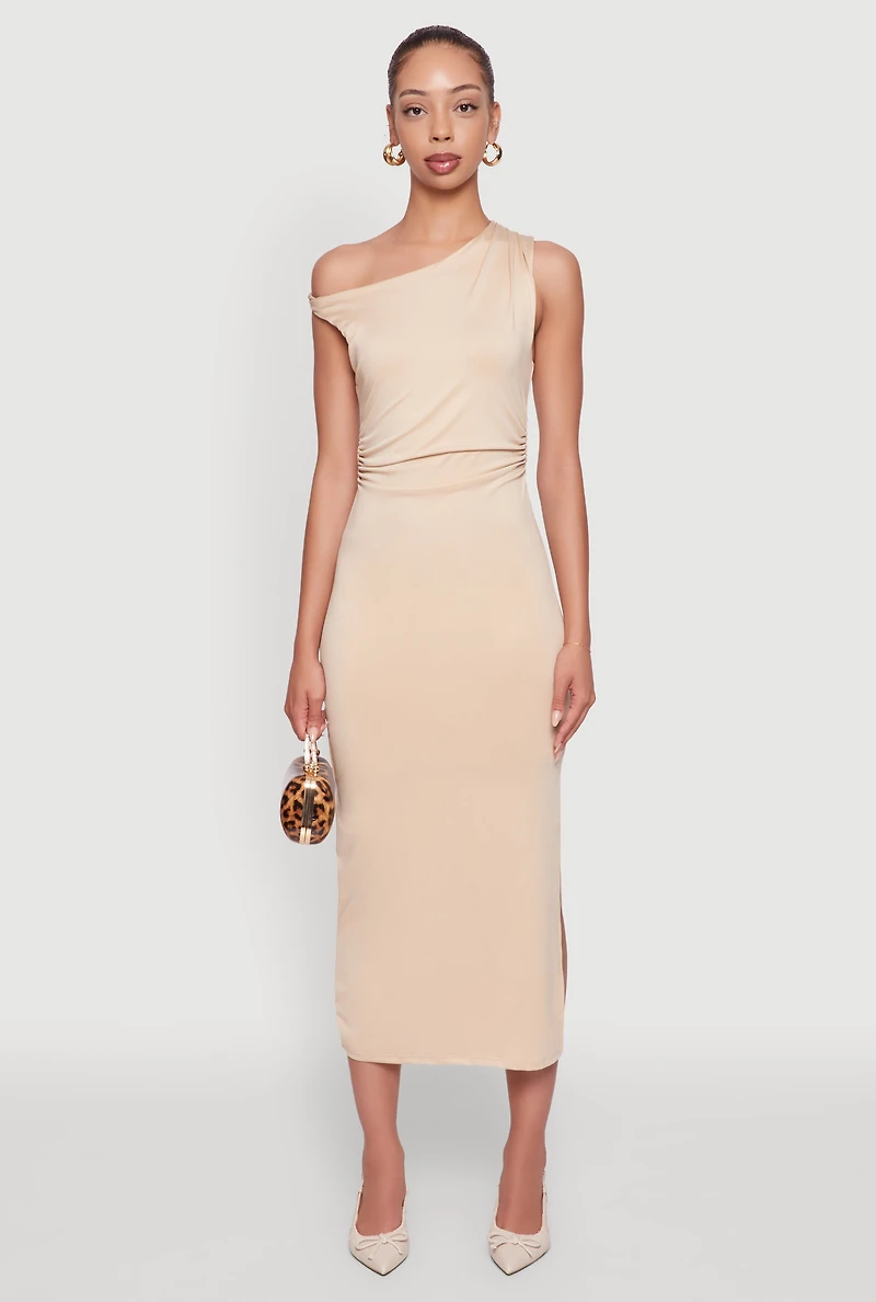 Asymmetrical Neckline Ruched Bodycon Dress with Side Slit