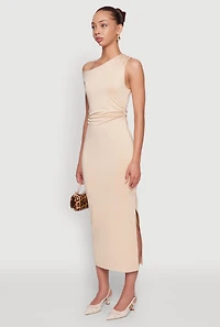 Asymmetrical Neckline Ruched Bodycon Dress with Side Slit