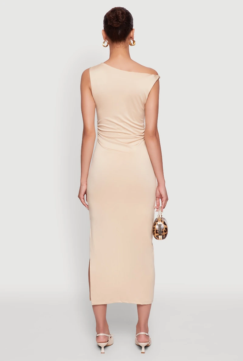 Asymmetrical Neckline Ruched Bodycon Dress with Side Slit