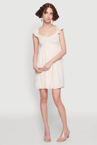 Womens Smocked Flutter Sleeve Empire Waist Mini Dress,