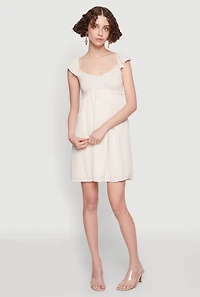 Womens Smocked Flutter Sleeve Empire Waist Mini Dress, Beige, Size M
