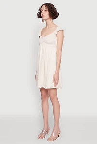 Womens Smocked Flutter Sleeve Empire Waist Mini Dress, Beige, Size M