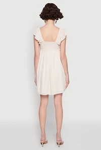 Womens Smocked Flutter Sleeve Empire Waist Mini Dress, Beige, Size M