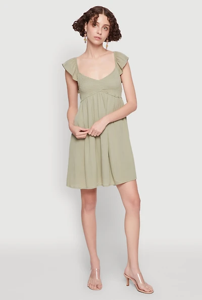 Womens Smocked Flutter Sleeve Empire Waist Mini Dress, Green, Size L