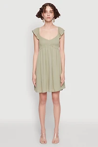 Womens Smocked Flutter Sleeve Empire Waist Mini Dress, Green, Size L