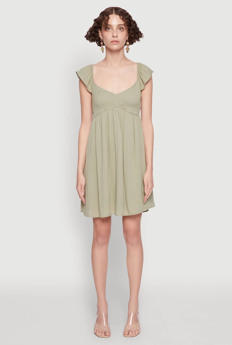 Womens Smocked Flutter Sleeve Empire Waist Mini Dress, Green, Size L