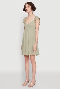 Womens Smocked Flutter Sleeve Empire Waist Mini Dress, Green, Size L