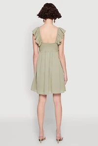Womens Smocked Flutter Sleeve Empire Waist Mini Dress, Green, Size L
