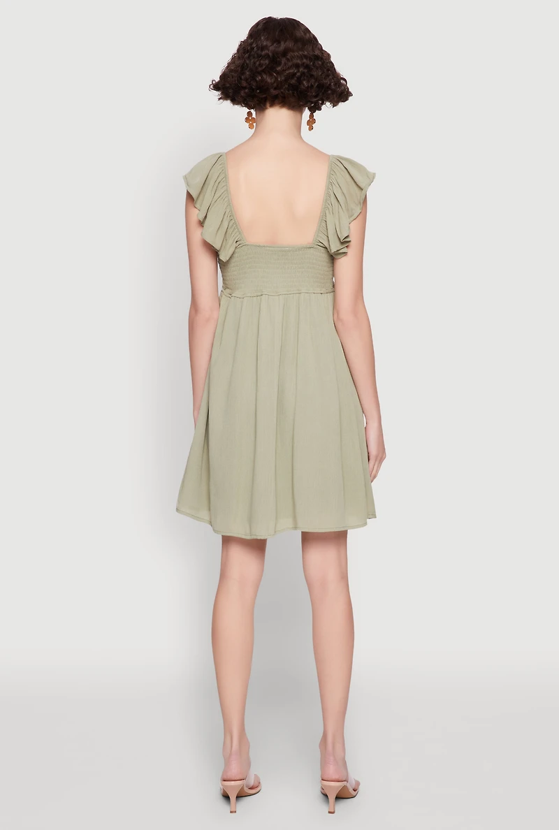 Womens Smocked Flutter Sleeve Empire Waist Mini Dress, Green, Size L