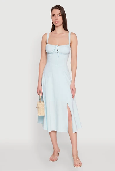 Womens Chic Ruched Lace Up Sleeveless Sundress, Blue, Size M