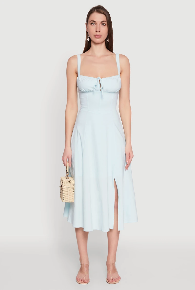 Womens Chic Ruched Lace Up Sleeveless Sundress, Blue, Size S