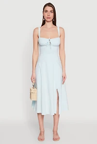 Womens Chic Ruched Lace Up Sleeveless Sundress,