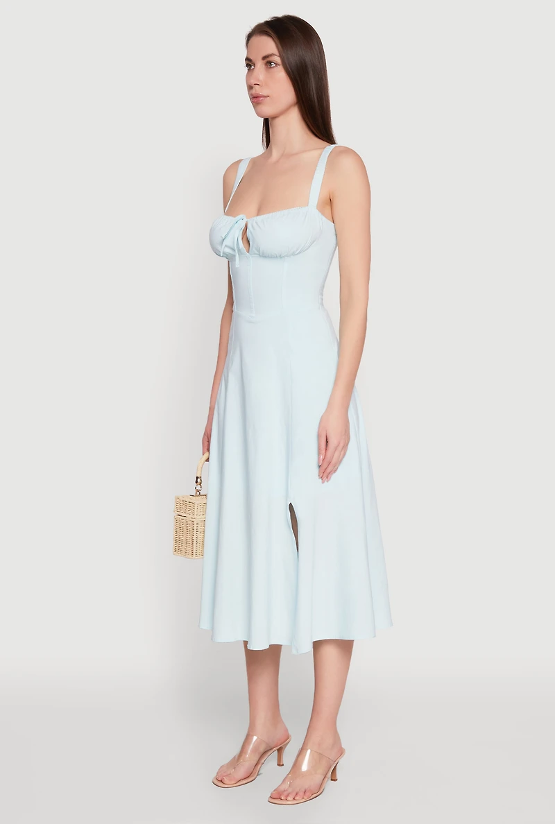 Womens Chic Ruched Lace Up Sleeveless Sundress, Blue, Size S