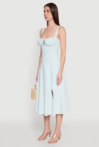 Womens Chic Ruched Lace Up Sleeveless Sundress, Blue, Size S