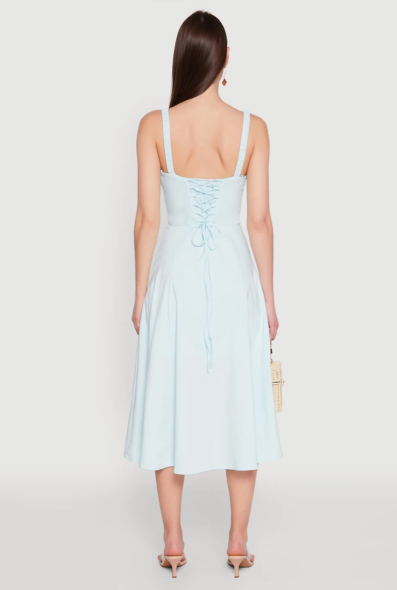 Womens Chic Ruched Lace Up Sleeveless Sundress,