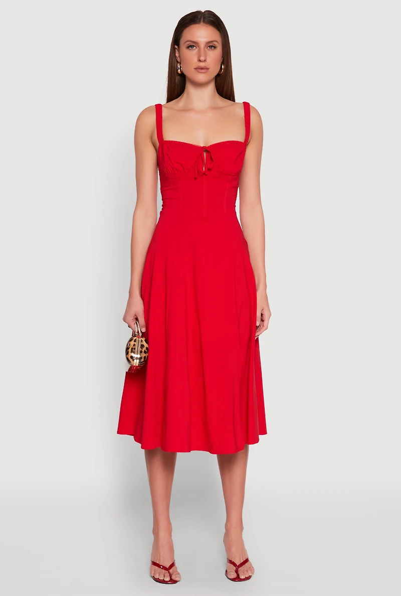 Womens Chic Sleeveless Sundress with Lace & Ruching, Casual Style, Red, Size S
