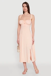 Womens Chic Ruched Lace Up Sleeveless Sundress, Pink, Size L