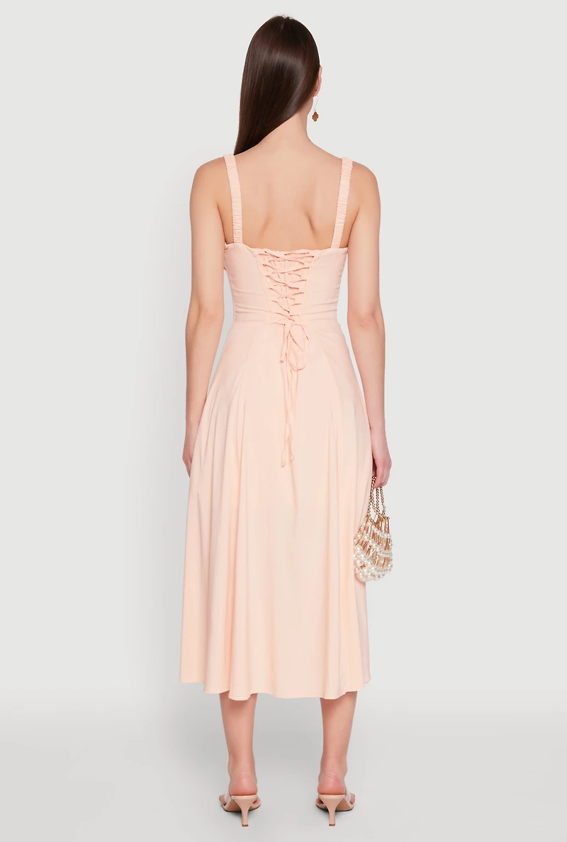 Womens Chic Ruched Lace Up Sleeveless Sundress, Pink, Size L