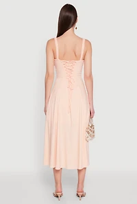 Womens Chic Ruched Lace Up Sleeveless Sundress, Pink, Size L