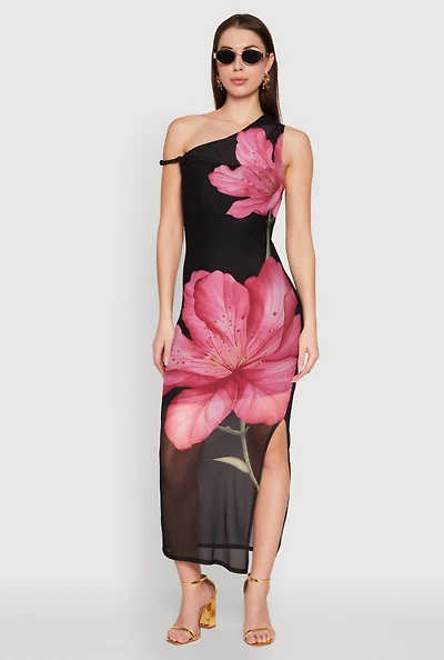 Womens Iris One Shoulder Floral Print Maxi Dress, Multi,