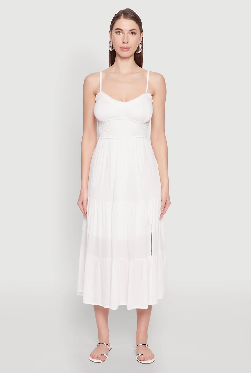 Womens Iris Smocked Empire Waist Tiered Dress, White, Size M