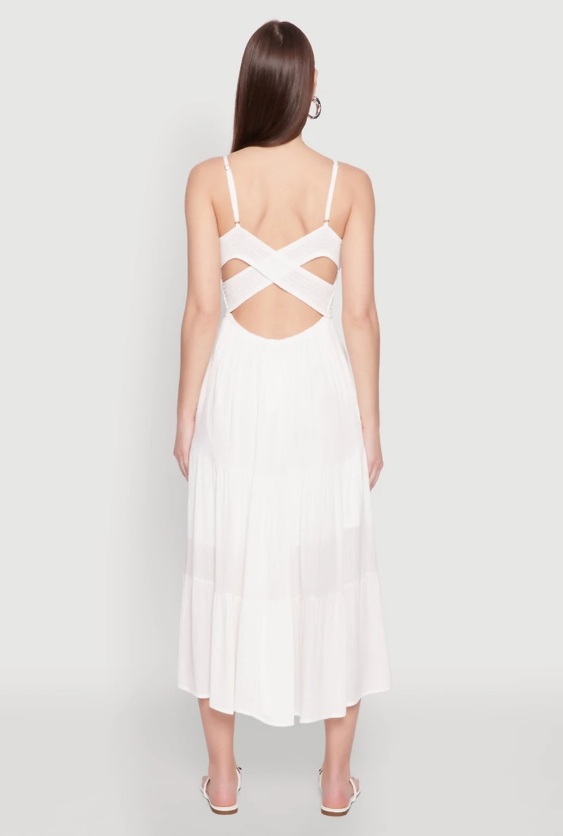 Womens Iris Smocked Empire Waist Tiered Dress, White, Size M