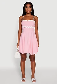 Womens Iris Wavy Contrast Trim Square Neck Mini Dress, Pink, Size S