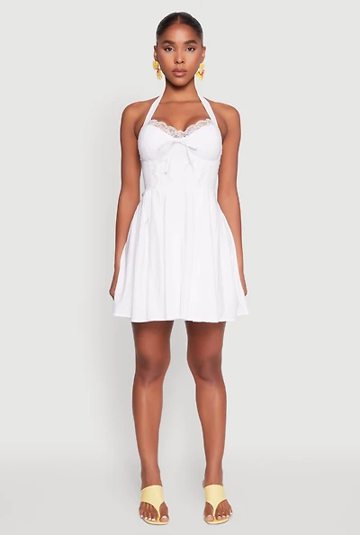 Womens Iris Lace Trim Halter Mini Dress, White, Size L