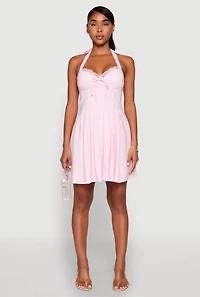 Womens Iris Lace Trim Halter Mini Dress, Pink, Size S