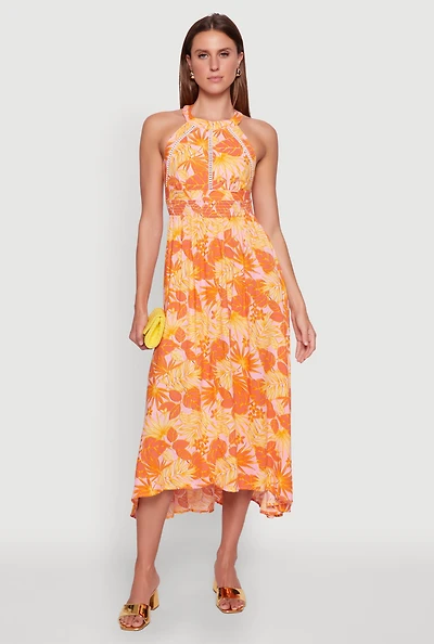 Womens Iris Leaf Print Halter Dress with Crochet and Smocked Details, Orange, Size L