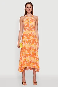 Womens Iris Leaf Print Halter Dress with Crochet and Smocked Details, Orange, Size L