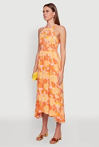 Womens Iris Leaf Print Halter Dress with Crochet and Smocked Details, Orange, Size L