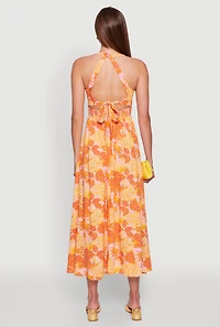 Womens Iris Leaf Print Halter Dress with Crochet and Smocked Details, Orange, Size L