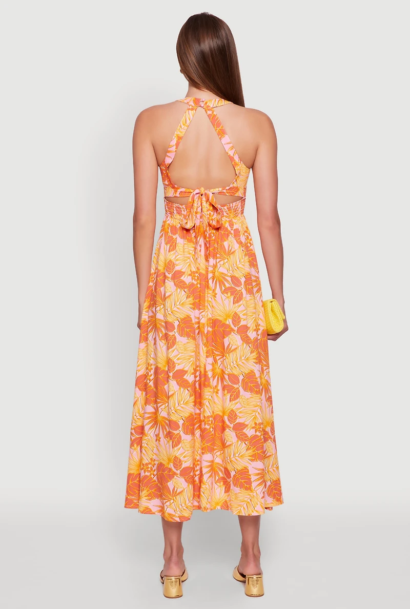 Womens Iris Leaf Print Halter Dress with Crochet and Smocked Details, Orange,