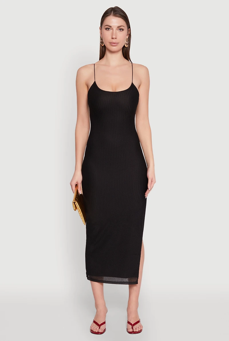 Womens Iris Lace Up Back Side Slit Cami Dress, Black,