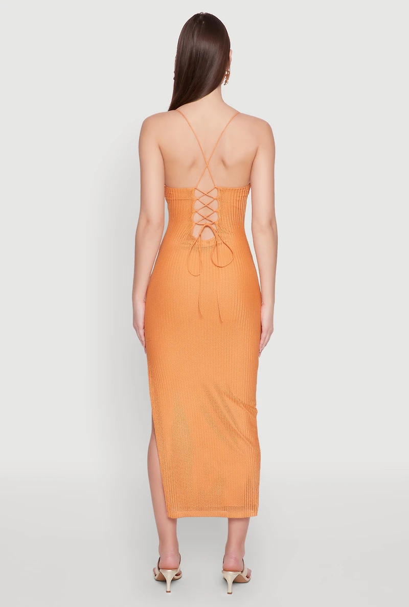 Womens Iris Lace Up Back Side Slit Cami Dress, Orange, Size L