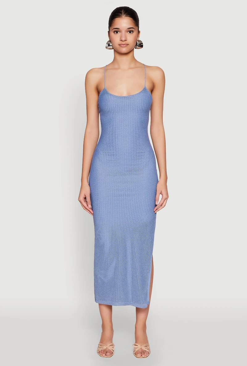 Womens Iris Lace Up Back Side Slit Cami Dress, Blue,