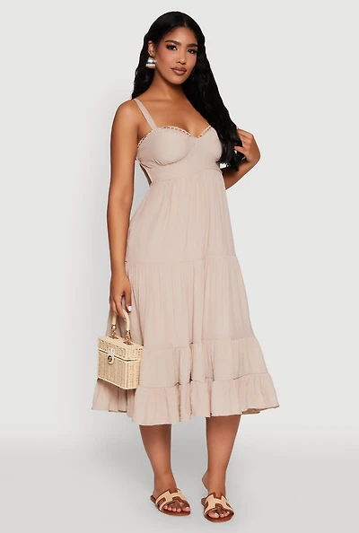 Womens Iris Open Back Tiered Midi Dress, Beige, Size S