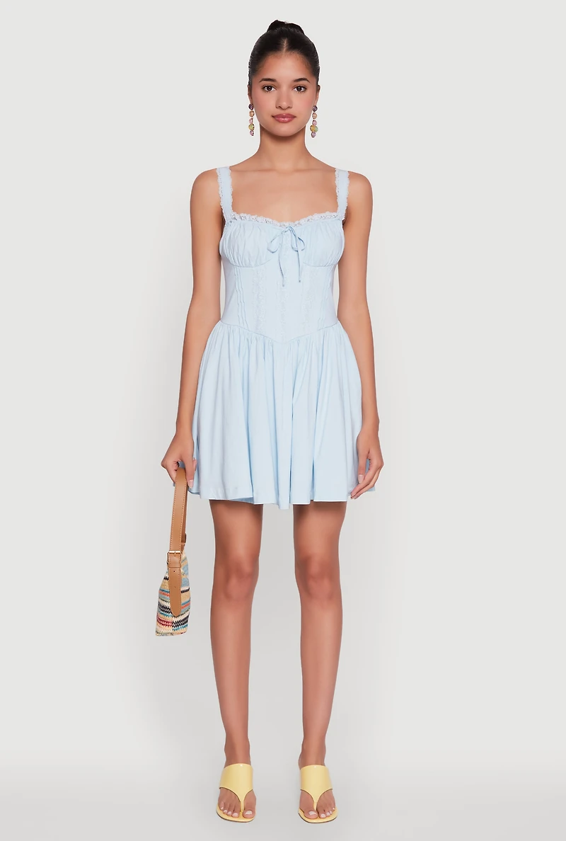 Womens Iris Lace Trim Bustier Skater Dress, Blue,