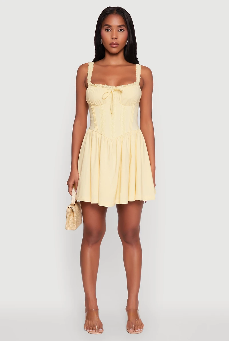Womens Iris Lace Trim Bustier Skater Dress, Yellow, Size L