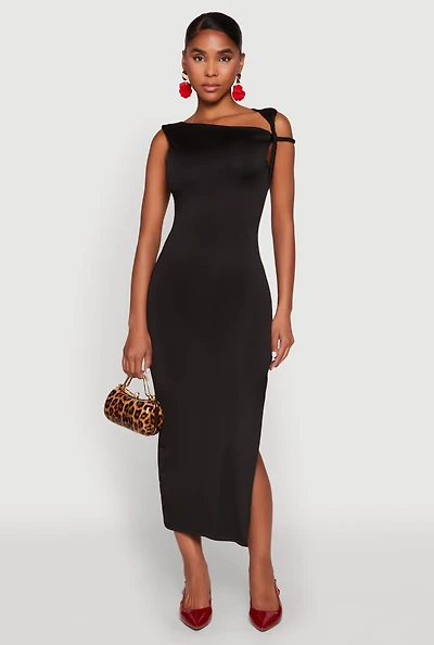 Womens Iris Twisted One Shoulder Midi Dress, Black, Size S