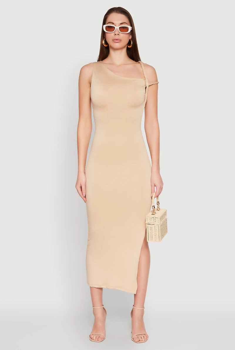 Womens Iris Twisted One Shoulder Midi Dress, Beige, Size M