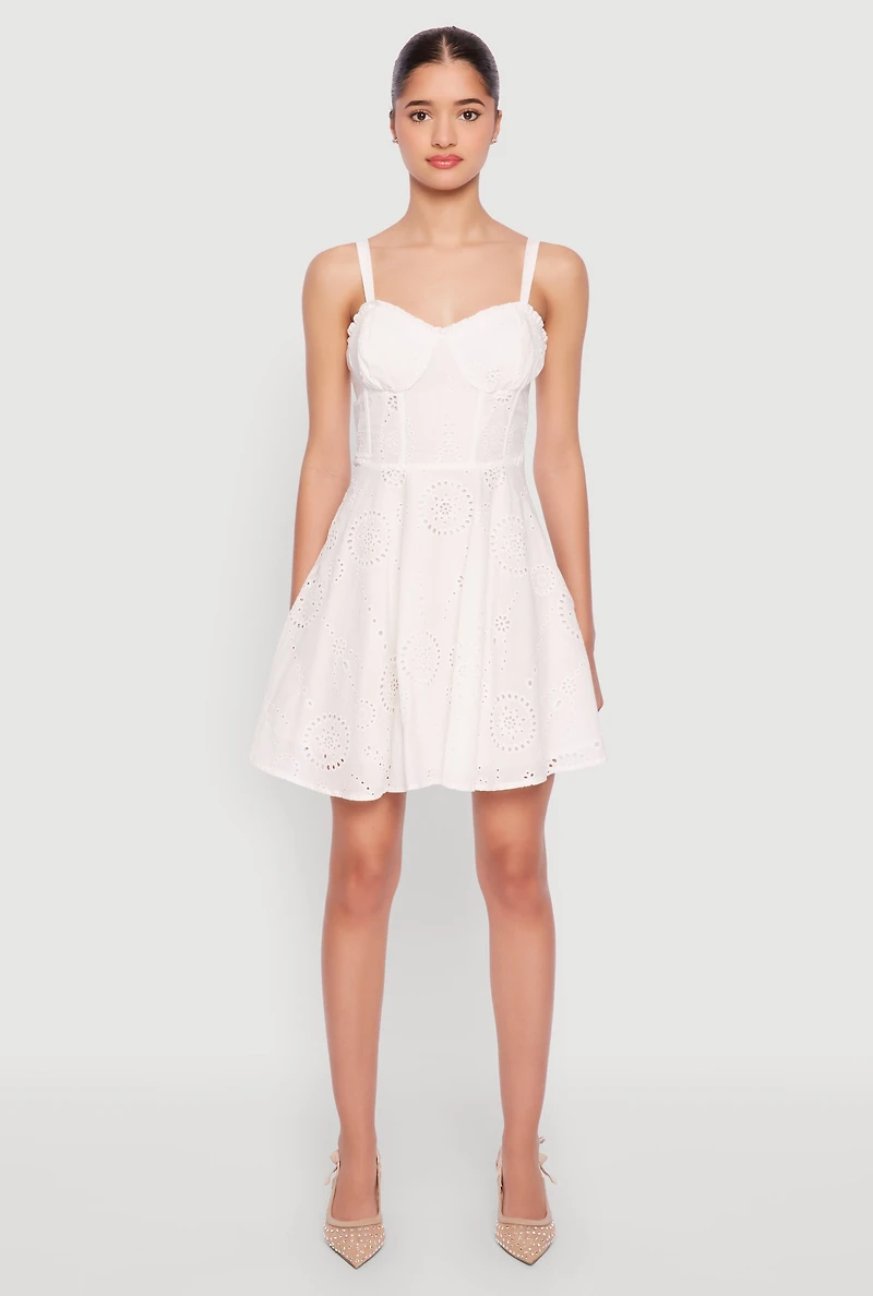 Womens Iris Poplin Eyelet Bustier Skater Dress, White, Size S