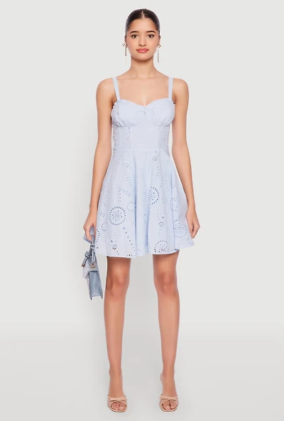 Womens Iris Poplin Eyelet Bustier Skater Dress, Blue, Size M