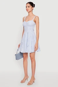 Womens Iris Poplin Eyelet Bustier Skater Dress, Blue, Size M